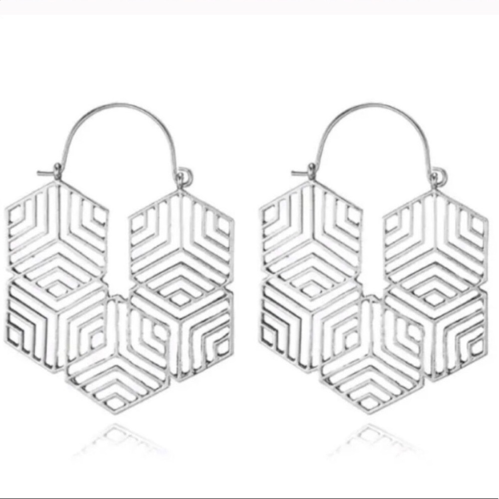 ANTHROPOLOGIE SILVER hexagon Drop HOOP EARRINGS - Picture 5 of 5